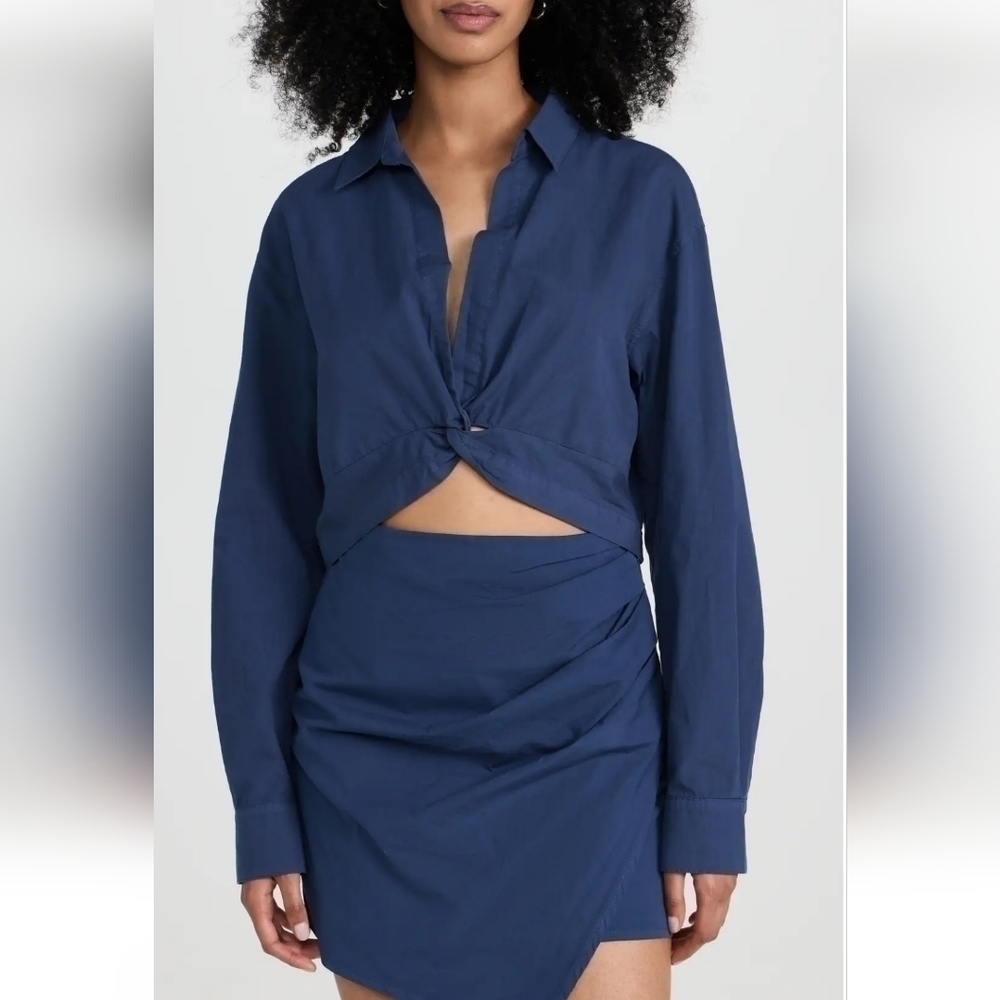 Monrow Poplin Twist Front Top French Navy NWT